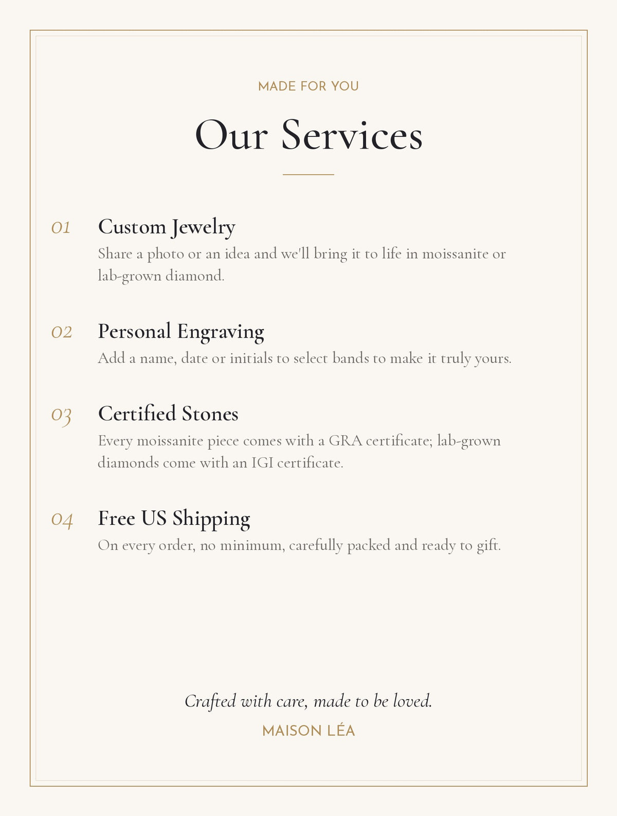 MaisonLéa services: custom jewelry, personal engraving, certified stones, free US shipping