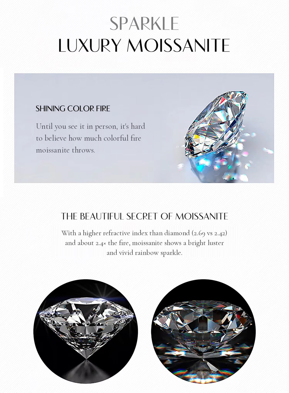 Moissanite sparkle and colorful fire compared with diamond